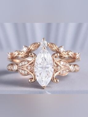 ❤️O $9 Each Or Bundle 4/$20 Rose Gold Marquise Solitaire Ring with Leaf Motif